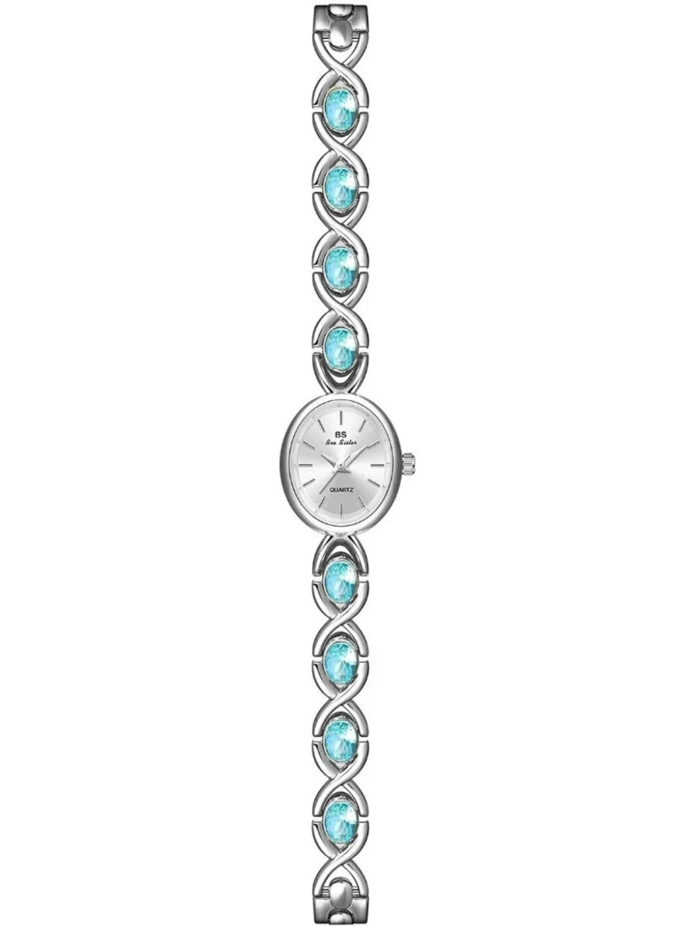Women's Silver Sky Blue Analog Quartz Oval Dainty Vintage Bracelet Luxury Watch